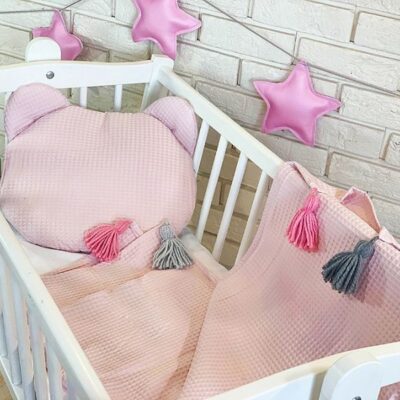 Baby Nellys Detská vaflová 2 dielna sada Macko - starorůžová