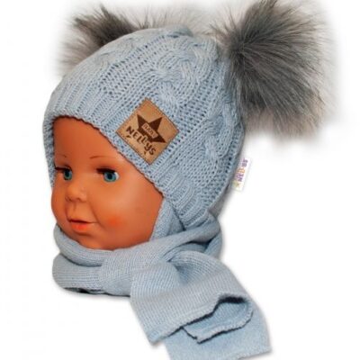 BABY NELLYS Zimná čiapočka s šálom - chlupáčkové bambuľky - šedá, šedé bambuľky