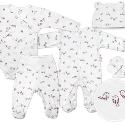 Baby Nellys 5-dielna súpravička do pôrodnice Vtáčiky - ecru/ružová, veľ. 68