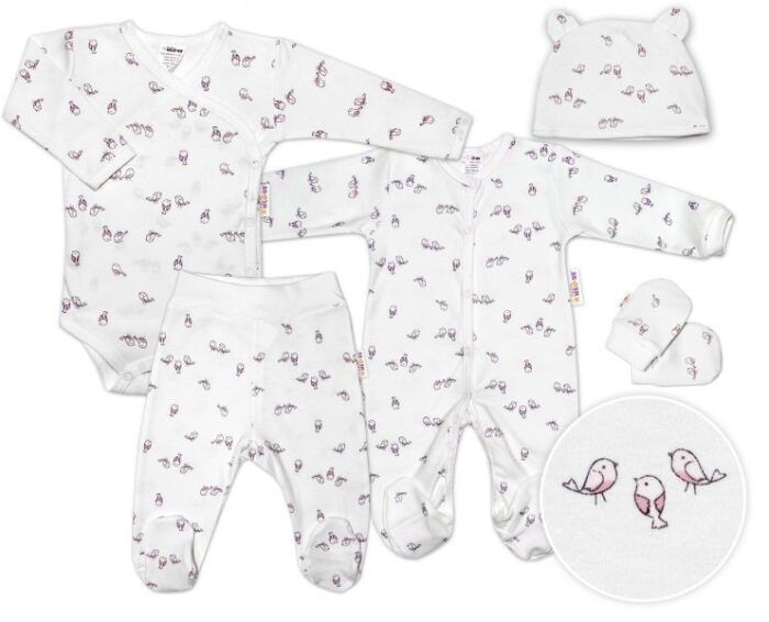 Baby Nellys 5-dielna súpravička do pôrodnice Vtáčiky - ecru/ružová, veľ. 68