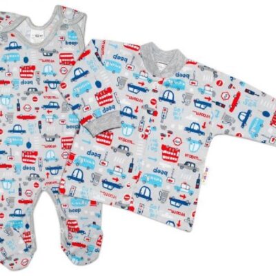 Baby Nellys 2 - dielna sada, bavlnené dupačky s košieľkou Auta, sivá, veľ. 56