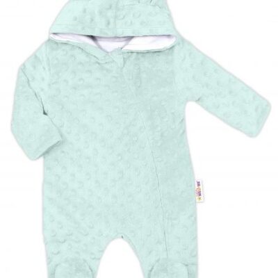 Baby Nellys Kombinézka /overal Minky s kapucňou a uškami -mätový, veľ. 68