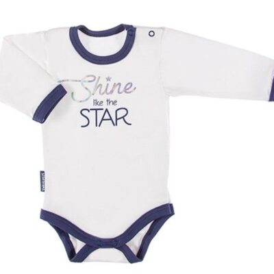 EEVI Dojčenské body dl. rukáv, zapínanie u krku Cosmos - bílé s modrým lemem