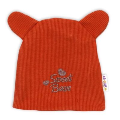 Baby Nellys Dvojvrstvová dojčenská čiapočka s uškami Teddy - tehlová