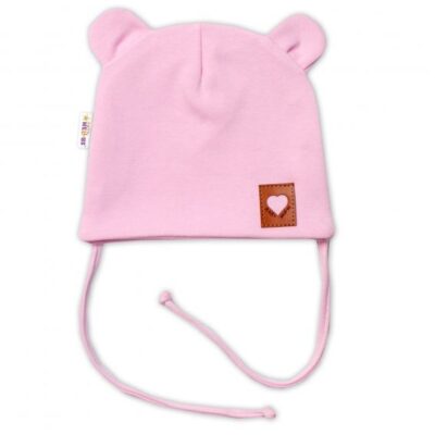Baby Nellys Bavlnená dvojvrstvová čiapka s uškami na zaväzovanie, TEDDY - růžová