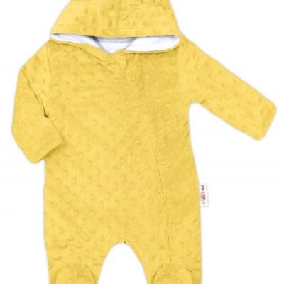 Baby Nellys Kombinézka /overal Minky s kapucňou a uškami -žltá, vel. 80