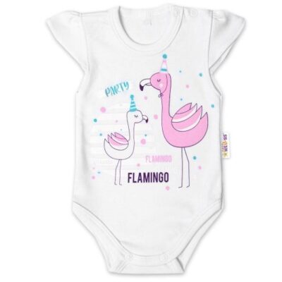 Baby Nellys Bavlnené dojčenské body, kr. rukáv, Flamingo - biele, veľ. 74