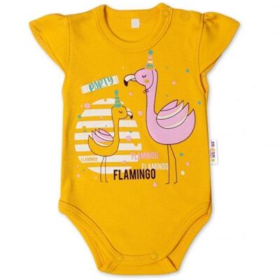 Baby Nellys Bavlnené dojčenské body, kr. rukáv, Flamingo - horčicove