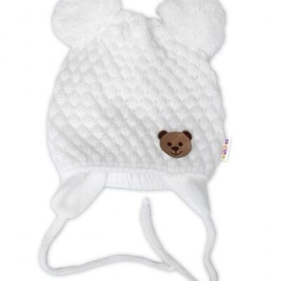 BABY NELLYS Zimná pletená čiapka Teddy Bear na zaväzovanie, biela, smotana, 68/80, (6-12m)