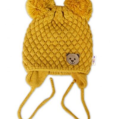 BABY NELLYS Zimná pletená čiapka Teddy Bear na zaväzovanie, horčicová, 68/80, (6-12m)