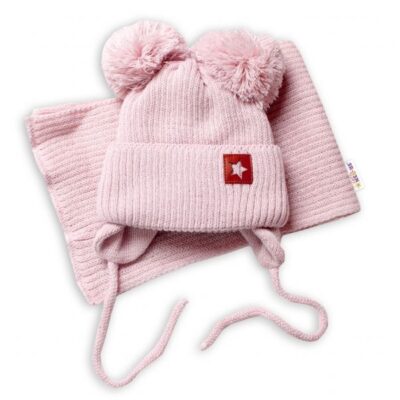 BABY NELLYS Zimná čiapka s šálom STAR - púdrová s brmbolcami