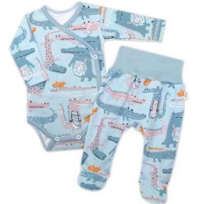 Baby Nellys 2-dielna sada, body dl.rukáv zap. bokom + polodupačky, Krokodíl Eda