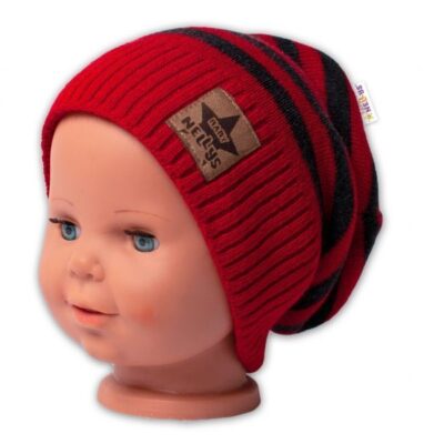 BABY NELLYS Jesenná/zimní prúžkovaná čiapka - červená/grafit