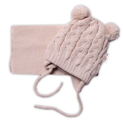 BABY NELLYS Zimná pletená čiapočka s šálom TEDDY - béžová s brmbolcami, vel. 62/68