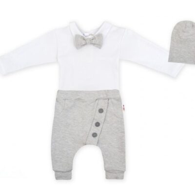 Baby Nellys 3-dielna sada Hubert, body s motýlikom, tepláčiky a čiapočka - sivá, veľ. 62