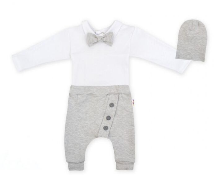 Baby Nellys 3-dielna sada Hubert, body s motýlikom, tepláčiky a čiapočka - sivá, veľ. 62