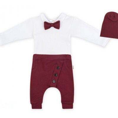 Baby Nellys 3-dielna sada Hubert, body s motýlikom, tepláčiky a čiapočka - bordo, veľ. 98