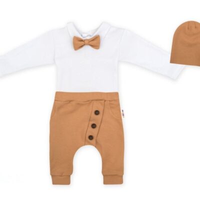 Baby Nellys 3-dielna sada Hubert, body s motýlikom, tepláčiky a čiapočka - hnědá, veľ. 92