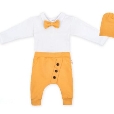 Baby Nellys 3-dielna sada Hubert, body s motýlikom, tepláčiky a čiapočka - hořčicová