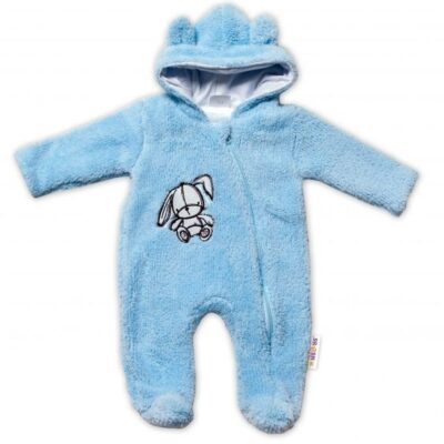 Baby Nellys Chlpáčkový overálek s kapucňou, Cute Bunny - modrý