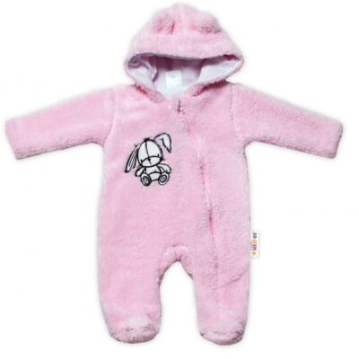 Baby Nellys Chlpáčkový overálek s kapucňou, Cute Bunny - svetlo ružový, veľ. 62