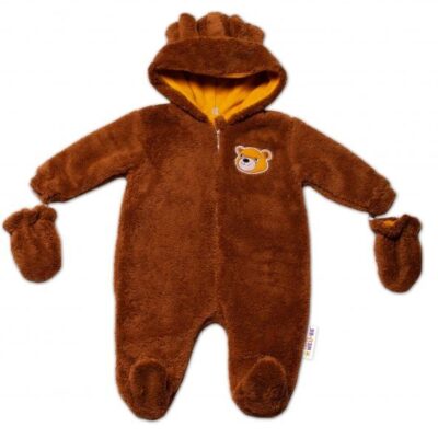 Baby Nellys Chlpáčkový overal Luna s kapucňou + rukavičky, Macko, hnedý
