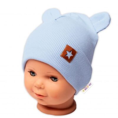 Baby Nellys Rebrovaná dvojvrstvová čiapka s uškami TEDDY - sv. modrá
