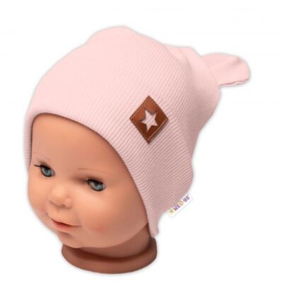 Baby Nellys Rebrovaná dvojvrstvová čiapka s uškami TEDDY - púdrová