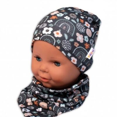 Baby Nellys Dvojvrstvová čiapka s uškami + šatka Palouček, grafit, vel. 92/98