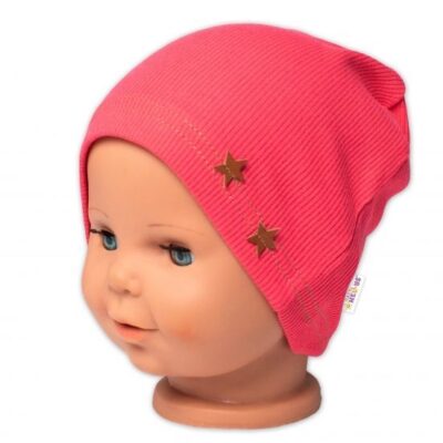 Baby Nellys Rebrovaná čiapka Hviezdičky - koralová