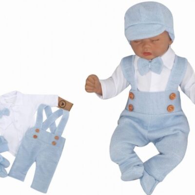 Z&Z 5-dielna pletená sada Boy, body, nohavice, čiapočka motýlik, topánočky, modrá