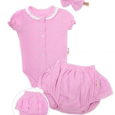 Baby Nellys 3-dielna mušelínová súpravička, body, kraťasky+čelenka GIRL, ružová