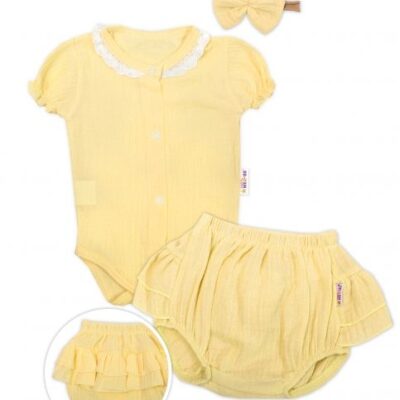 Baby Nellys 3-dielna mušelínová súpravička, body, kraťasky+čelenka GIRL, žltá, veľ. 74