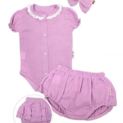 Baby Nellys 3-dielna mušelínová súpravička, body, kraťasky+čelenka GIRL, lila, veľ. 62