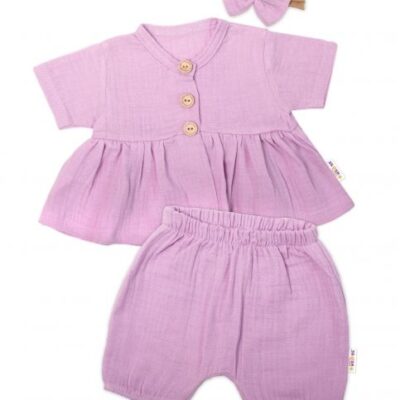 Baby Nellys 3-dielna mušelínová súpr., tunika/blúzka, kraťasky, čelenka, lila, veľ. 62