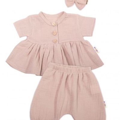 Baby Nellys 3-dielna mušelínová súpr., tunika/blúzka, kraťasky, čelenka, béžová, veľ. 62