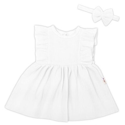 Baby Nellys 2-dielna sada mušelínove šatočky + čelenka, biela, veľ. 62