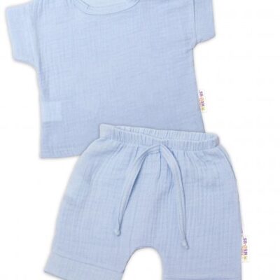 Baby Nellys 2-dielna mušelínová súpravička, tričko + kraťasky BOY, svetlo modrá, veľ. 62