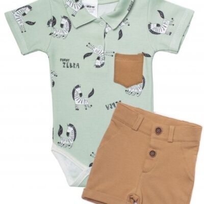 Baby Nellys 2-dielna sada body kr. rukáv, kraťasky, Zebra - mätová, hnedá