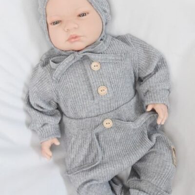 Baby Nellys 3-dielna rebrovaná súpr. Hand Made, body, tepláčiky a čiapočka, sivá