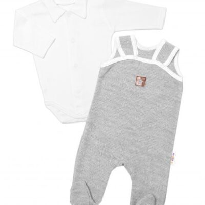 Baby Nellys 2-dielna súpravička Star, body dl. rukáv + pletené dupačky, sivé