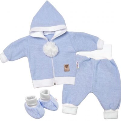 Baby Nellys 3-dielna súprava Hand made, pletený kabátik, kalhoty a topánočky, modrá