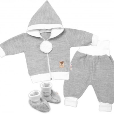 Baby Nellys 3-dielna súprava Hand made, pletený kabátik, kalhoty a topánočky, sivá, veľ.62