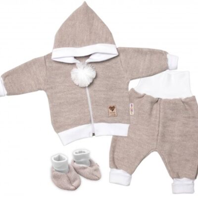 Baby Nellys 3-dielna súprava Hand made, pletený kabátik, kalhoty a topánočky, béžová