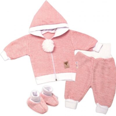 Baby Nellys 3-dielna súprava Hand made, pletený kabátik, kalhoty a topánočky, ružová