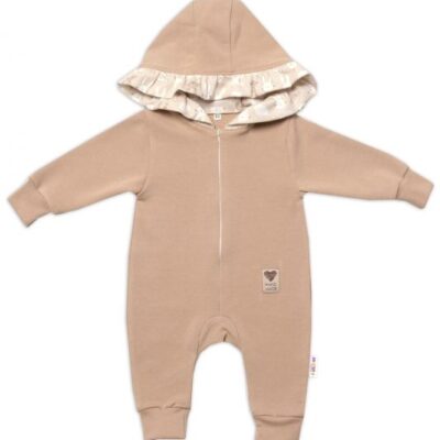 Baby Nellys Teplákový overal s kapucňou a volánikom, New Bunny - cappuccino, veľ. 68