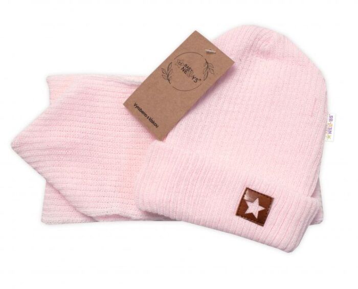 Baby Nellys Pletená čiapka so šálom a rukavičky 3v1, STAR - sv. růžová - Image 3