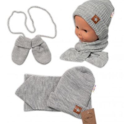Baby Nellys Pletená čiapka so šálom a rukavičky 3v1, STAR - šedá, 68/74