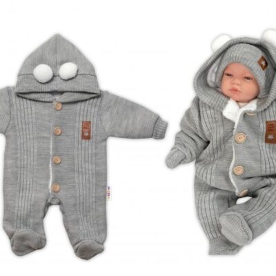 Baby Nellys Pletená kombinéza/overal LUX STAR s kožúškom - dvojvrstvová, šedá, veľ. 62