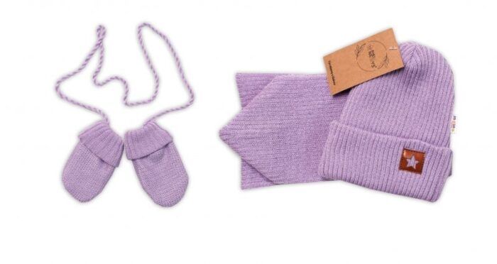 Baby Nellys Pletená čiapka so šálom a rukavičky 3v1, STAR - fialová - Image 4